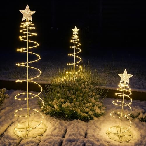 3er Set Lichterbäume mit 233 warmweißen LED´s inklusive Timer - Weihnachtsdeko für draußen & innen - Leuchtbaum mit Batterien (Silber)