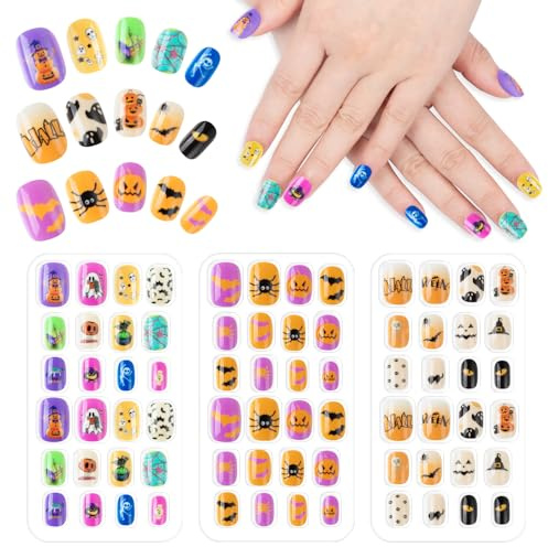 MELLIEX 72 Pièces Halloween Faux Ongles Court, Appuyez sur Pré-collé Nail Ongle Couverture Complète Faux Ongles pour Femme Fille - 3 Boîtes