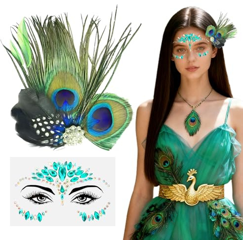 KERYBW Pfau KostüM Damen, Pfauenfedern Haarschmuck + Glitzersteine Gesicht, 20er Jahre Pfau Accessoires für Karneval Fasching Halloween Mottoparty Cosplay