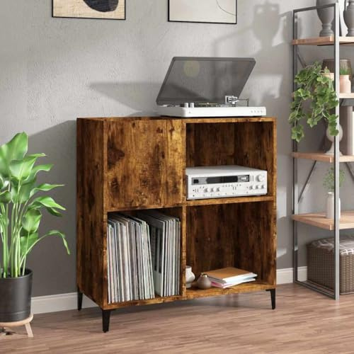 QJBSAVVA Plattenschrank Räuchereiche 84,5 x 38 x 89 cm Holzwerkstoff mit Metallbeinen, Mehrzweckschrank für Vintage Platten, Sideboard für Wohnzimmer Büro Flur