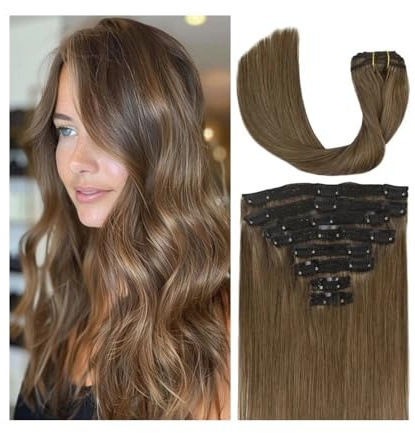 Haarverlängerungen Aschbraune Clip-In-Haarverlängerung, glattes Haar, hellbraune Farbe, Echthaar, unbehandelt, 40,6–66 cm, Nr. 8(20inches,120g-1 pack)