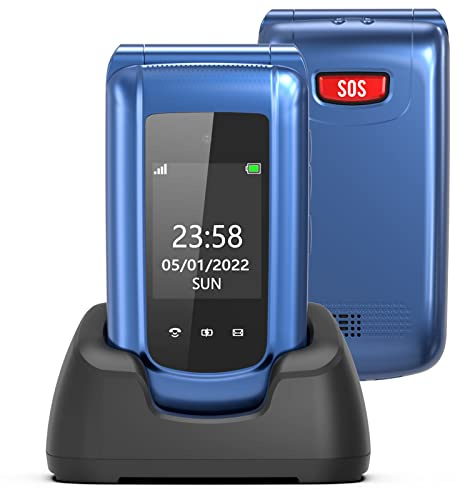 Ufferson Seniorenhandy Ohne Vertrag, Klapphandy Senioren Handy mit Groüe Tasten | 2.4 Zoll Dual Großem Display | GSM Seniorentelefon Mit SOS Notrufknopf | Kurzwahltasten | Fackel | Ladestation | Blau