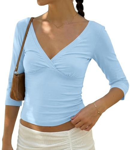 BAIGRAM Womens 3/4 Half Sleeve Deep V Wrap Neck Ruched Crop Tops Open Back Tshirt Y2k Vintage Minimalist Slim Fit Tee Summer