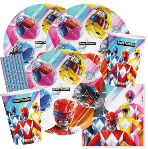 Power Rangers - Juego de 36 platos de papel, vasos y servilletas + 8 pajitas para cumpleaños infantiles