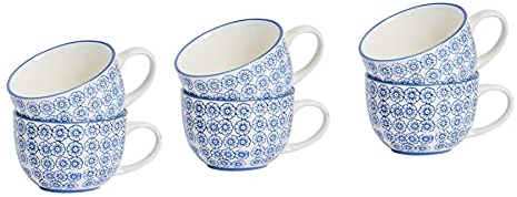 Nicola Spring Cappuccino Cups Set - 250ml - Pack of 6 - Navy Hand Printed Tea Cup Coffee Cappuccino Mugs Latte Drinking Mug Tea Saucer Plates for Breakfast, Lunch, Brunch
