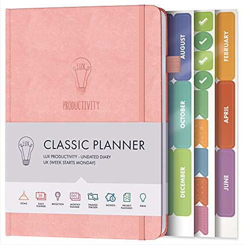 Tagesplaner & Terminkalender – Dankbarkeits-Tagebuch, Wellness-Tagebuch & undatierte Wochenplaner und Organizer – Schreibtisch-Tagebücher für Damen & Herren – LUX Productivity Classic (Lachsrosa)