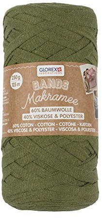 GLOREX 5 1005 07 - Bands Makramee, superweiches Textilgarn aus 60 % Baumwolle / 40 % Viskose, zum Häkeln, Stricken, Knüpfen und textilen Gestalten, 250 g, ca. 125 m, oliv