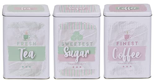 MIK funshopping Set Retro Metall-Dose Blechdose Coffee, Tea & Sugar - Kaffeedose, Teedose, Zuckerdose mit Deckel (3-teilig Vintage Design weiß-mintgrün-rosa)