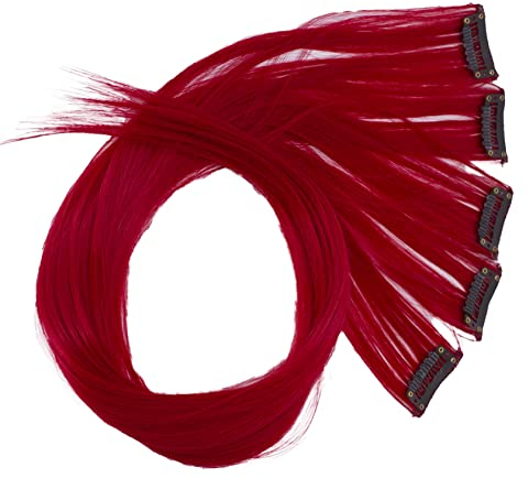 CAISHA 5 Teile Set 60cm Bunte Strähne Strähnchen Clip in Extension Haarverlängerung Glatt Langhaar Haarteil Weinrot BST114