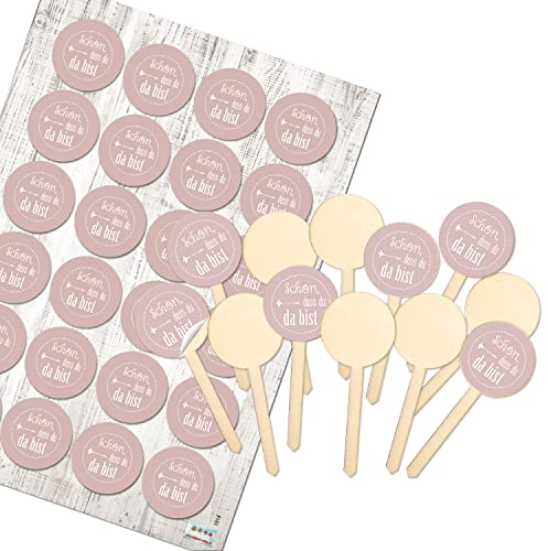 Logbuch-Verlag 12 Cake Topper aus Holz mit Sticker SCHÖN DASS DU DA BIST rosa - Topfstecker Muffin Stecker Gastgeschenk Hochzeit 9 cm Ø 4 cm