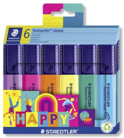 STAEDTLER Textmarker Textsurfer classic, Happy colours, großer Tintenspeicher, lange Markierleistung und Lebensdauer, sekundenschnell trocken, 1-5mm Spitze, 6 Textmarker in Kartonetui, 364 C6 HA