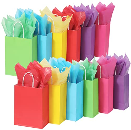 Cootato 24 Stück Geschenktaschen mit 24 Taschentüchern, 6 Farben Party Favor Taschen mit Griffen, Regenbogen-Geschenktüten aus Kraftpapier für Geburtstag Hochzeit Babyparty, Weihnachten