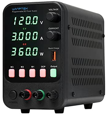 HUIOP Bench DC Fuente de alimentación Variable 120V 3A Pantalla digital Fuente de alimentación regulada de conmutación ajustable CV CC con almacenamiento de datos, interruptor de salida, puerto de car