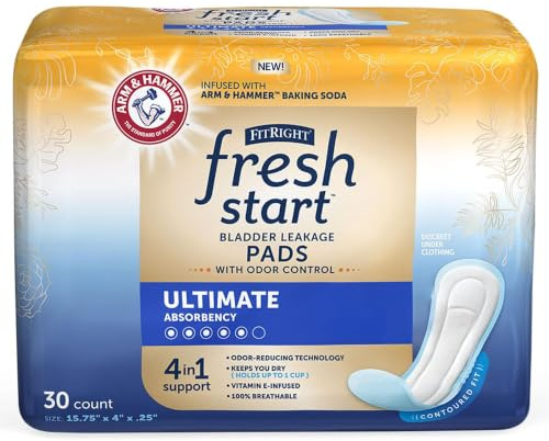 FitRight Fresh Start Postpartum and Incontinence Pads for Women, Ultimate Absorbency (30 Count) Bladder Leakage Pads with The Odor-Control Power of ARM & Hammer (30 Count, Pack of 1)