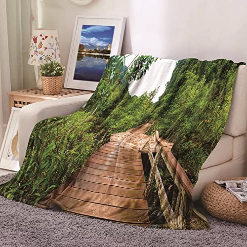Kuscheldecke Warm Winter, Fleecedecke Outdoor Warm Flanell Braun Grün Wald Holzbrücke Flanelldecke Blanket 160x200CM Wohndecke Sofa Bett