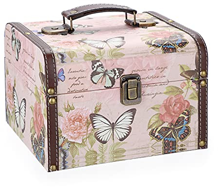 SUMNACON Wooden + PU Leather Storage Box Chest, Decorative Jewelry Trinket Box Keepsakes Chest with Handle, Keepsakes Box Holder Treasure Box Organizer (22*18*15.5CM, Butterfly Pattern)
