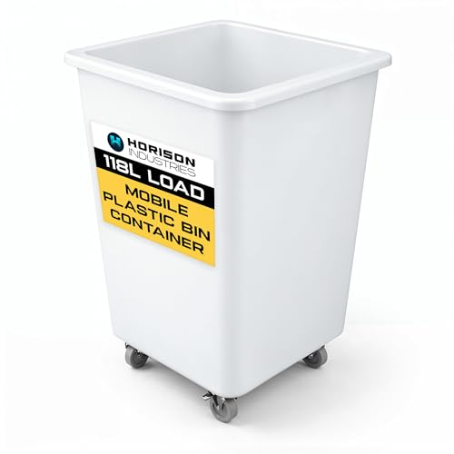 Horison Industries Mobile Bottle Plastic Bin, White, 118L, 760x465x465mm | Trolley On Wheels, Glass, Recycling Bins, Bottle Skips for Home Bar, Outdoor Bars & Hotels, Heavy Duty Plastic Storage Boxes