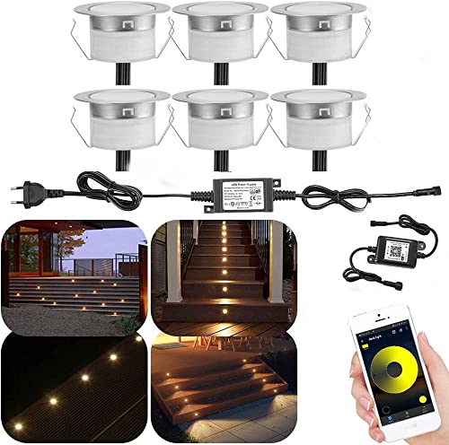 SUBOSI 6er Set Bluetooth Dimmbar Warmweiß Led Einbaustrahler Bodeneinbaustrahle Terrassenbeleuchtung Terrassen Aussen 1W Ø31mm IP67 Wasserdicht LED Terrasse Garten Stehleuchte Full Kit