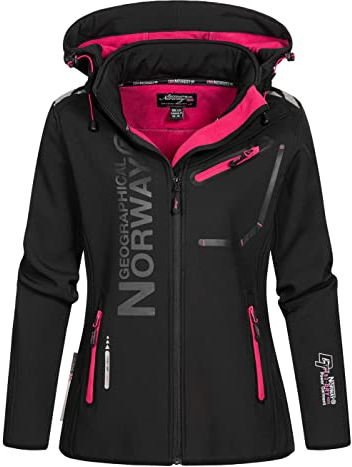 Geographical Norway Reine Lady - Giacca Cappuccio Softshell Impermeabile Donna - Giubbotto Antivento - Attività Escursioni Running Autunno Inverno Primavera (Nero Rosa XXL)