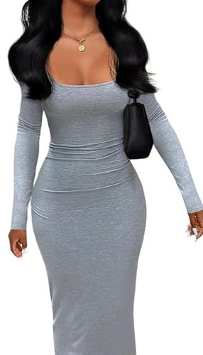 Rongseng Vestito Donna Maniche Lunghe Aderente Abito Lungo con Scollo Quadrato Sexy Tinta Unita Bodycon Maxi Vestito Elasticizzato Abito da Cocktai per Feste e Cerimonie Discoteca
