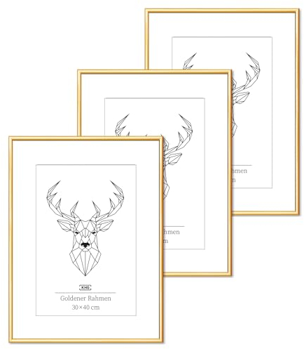 KHG 3er Set Bilderrahmen aus Kunststoff mit stabilem Glas und Passepartout, zum Aufhängen oder Hinstellen, Ideal für Portraits, Urkunden, Poster - gold, 30x40 cm