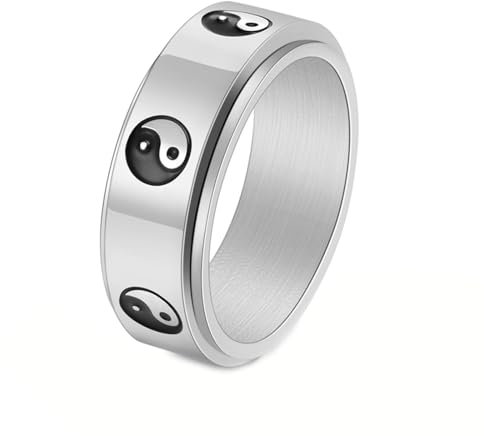 Gualiy Edelstahlring Männer, Silber Fidget Spinner Rings 8MM Yin und Yang Drehbar Ringe Größe 62 (19.7)