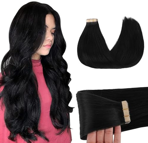 GOO GOO Tape Extensions Echthaar, 50cm 50g 20 Stk., #1 Tief Schwarz | Remy Echthaar, Seidig Weich, Verfilzungsfrei, Unsichtbare, Starker Halt, Langlebig, Natürlicher Look, für Alltag, Büro