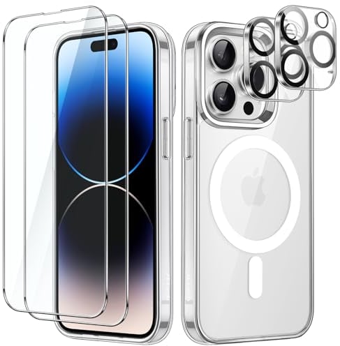 JETech 5 in 1 Cover Magnetica per iPhone 14 Pro 6,1 Pollici con 2 Vetro Temperato Pellicola Protettiva e 2 Pellicola Fotocamera, Compatibile con MagSafe, Antiurto Paraurti Custodia (Trasparente)