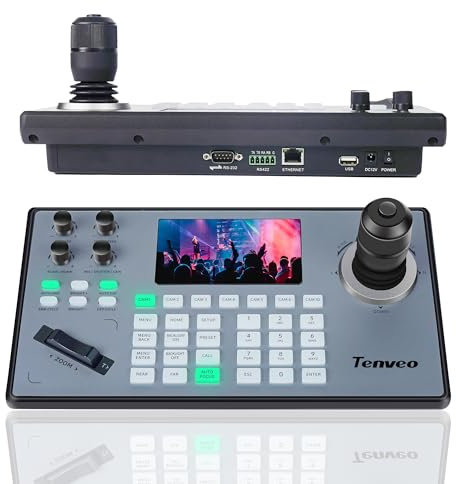 Tenveo PTZ Camera Controller 4D Joystick with 5 LCD Screen Preview PoE IP PTZ Keyboard Controller for Church Live Streaming Meeting Education Support VISCA PELCO-D/P | RS232 RS422 RS485