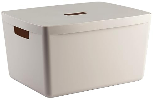 IDEA HOME FLEXISTORE Aufbewahrungsbox Kunststoff Organizer Box Körbe Aufbewahrung Kunststoffbox für Badezimmer Regal mit Deckel 28L, Natürliche Farbe