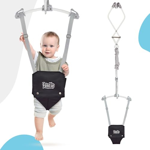 FUNLIO Sdraietta per Porta Baby per 6-24 Mesi (con Morsetto per Porta), Porta Baby Jumper con Molla Robusta/Cinghia Regolabile, Facile da Montare e Riporre, Portata 18 kg, Certificato CE CPC - nero