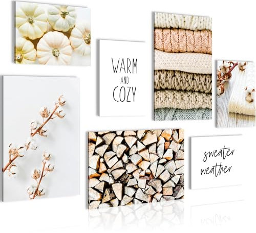 Novart Wandbilder Boho Herbst - KOMPLETT AUFHÄNGFERTIG - Beige Vintage Wohnzimmer Schlafzimmer - 7 Moderne Mood-Bilder - N008172a