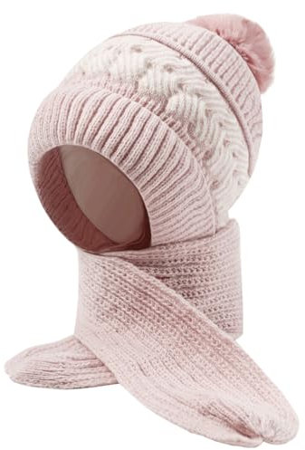vislivin Winter Kapuzenschal Mütze Damen Strickmütze Schal 2 in 1 Warmer Set Mützenschal Integrierter Gehörschutz Winddichte Mützen Pink
