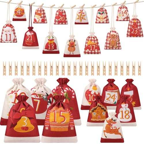 AUGSUN Adventskalender zum Befüllen, 24 Stück Weihnachtskalender zum Befüllen 2024 Stoff Adventskalender Tüten 2 Verschiedene Größen Adventskalender Säckchen mit Zahlen