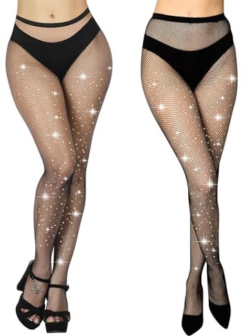 Aomig Collant Résille Femme, Bas Résille à Strass Collant, Strass Mesh Pantalon Serré Collant, Collants Étincelants Taille Haute Rhinestone Collant Pantythose pour Fêtes Halloween-Noir