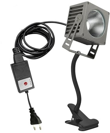 FSLiving Lampada a morsetto a LED da 10 W con cavo da 3 m e timer, faretto LED per esterni con clip, collo di cigno, IP65, impermeabile, colore bianco freddo, per cortile, garage, corridoio, nero