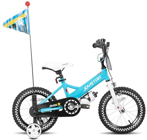 JOYSTAR 16 Zoll Kinderfahrrad für Jungen von 5-7 Jahren, 16 Zoll Jungenfahrrad mit Stabilisatoren & Flagge & Nummernschild, Blau