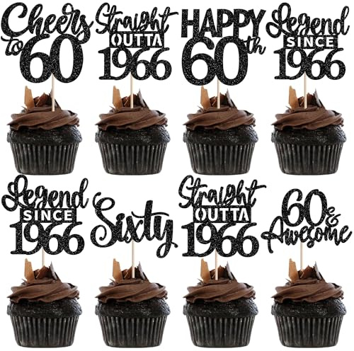 24 Stück 60th Geburtstag Cupcake Toppers Glitzer Straight Outta 1966 Kuchen Deko Sixty Happy 60th Tortendeko für Prost auf 60 Jahre Geburtstag Hochzeit Jahrestag Party Kuchen Dekoration Schwarz