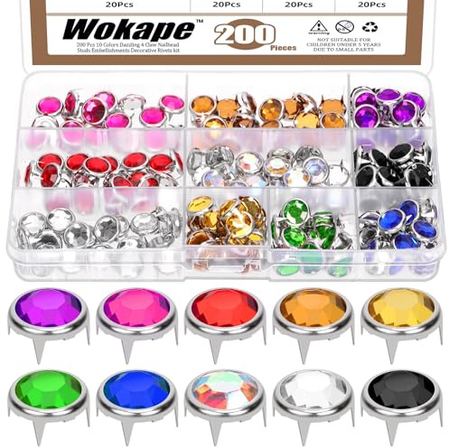 Wokape 200Pcs 12MM（0.47In) Rhinestone Stud Refill Sortiment Set 10 Farben Dazzling Crystal Claw Beads 4 Claw Nailhead Rivet Punk Copper Spikes Dekorative Nieten für DIY Leder Handwerk Kleidung
