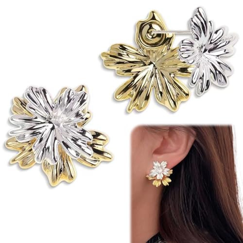 SIVZUMO 1 Paar Blumen Ohrringe Groß Golden, Boho Statement Flower Earrings Golden, Hypoallergene Modeschmuck für Damen