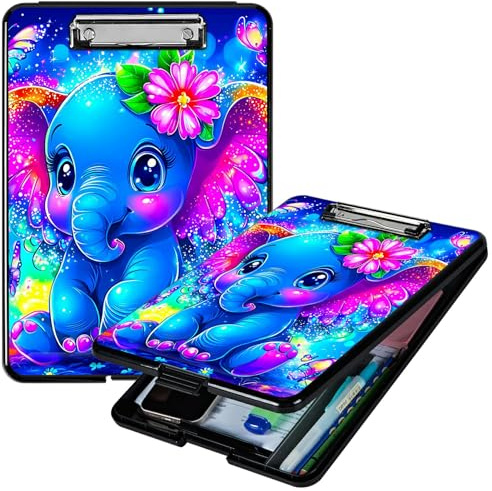 RWUTYTIUL Klemmbrett mit blauem Elefanten-Blumenmotiv, A4, mit Stifthalter, Klemmbretter, Organizer, Still-Klemmbrett, faltbarer Aktenordner, Kunststoff-Klemmbrett, Folio-Clipboard für Büro, Studenten