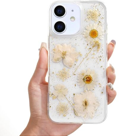 rongki Floral Case for iPhone 12 Clear Case with Real Dried Flower Patterns, Glitter Cute Flowers Design for Women Girls Slim Soft Edge Shockproof Phone Cover for iPhone 12 6.1 (Daisy)