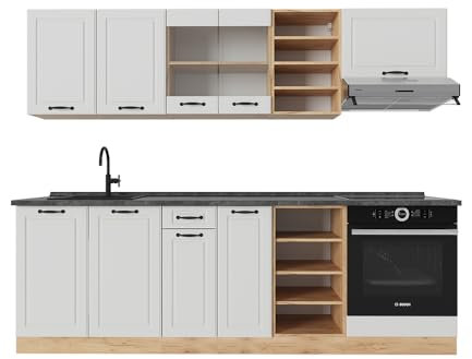 Vicco Küchenzeile R-Line, Weiß Landhaus/Goldkraft Eiche, 240 cm, AP Anthrazit