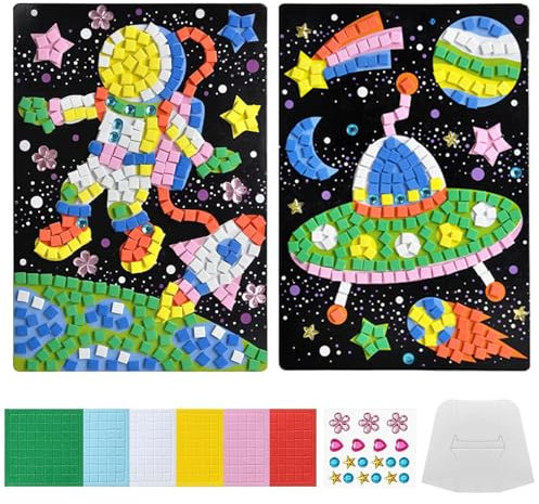 Canollo Mosaik Bastelset für Kinder, Astronaut+UFO Mosaik Aufkleber Set, Kreativitätssets für Kinder, DIY Diamanten Mosaik Klebebilder, DIY Basteln Geschenke für Mädchen Jungen Ab 3 Jahre