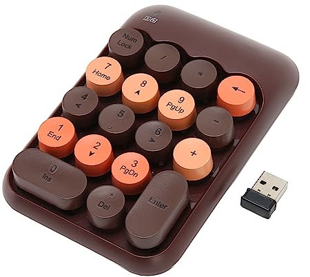 Pavé numérique sans fil 18 touches, rétro-éclairé, portable, 2,4 GHz, avec récepteur USB, touches rondes silencieuses, mini-clavier silencieux 2,4 GHz pour ordinateur portable et (Couleur de café)