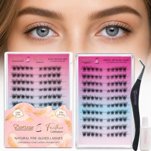 Dorisue Lash Clusters Pre Glued Individual Eyelashes Cateyes Self Adhesive False Lashes No Glue Needed 8-14mm Professional Volume Extension Kit with Tweezers
