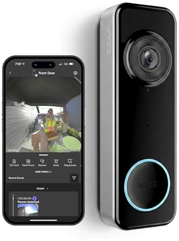 Wyze Battery Video Doorbell Wireless Camera, 1536x1536 HD+ with Color Night Vision, 2-Way Audio, 1:1 Head-to-Toe View, Person/Vehicle/Package Monitor, Wire-Free/Wired Option, 1 Minute Easy Setup