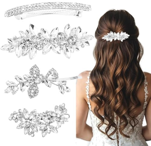 4 Piezas Horquillas Pelo Novia Strass Plateado, Adornos Florales para el Pelo Boda, Horquillas de Novia Elegantes, Accesorios Cabello Nupcial Mujer Fiesta, Decoración Pelo Boda y Bridal Hair Pins