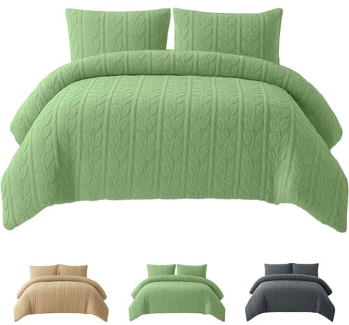 Rohi Green Teddy Fleece Duvet Cover Set Super King – Soft & Cozy Bedding with Leaves Design Matching Pillowcases - Thermal Warmth Hypoallergenic & Breathable Quilt Cover Set Super King (260 x 220cm)