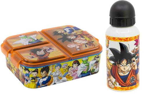 WS-Trend Dragonball Kinder Lunch Set 2-teilig – Brotdose mit 3 Kammern & Alu-Trinkflasche 400 ml – Anime Pausenbox Set